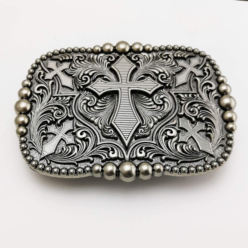 LAXPICOL Native American Vintage Pattern Leaf Cross Rectangle Belt Buckle For Men Grey Tone - Image 2